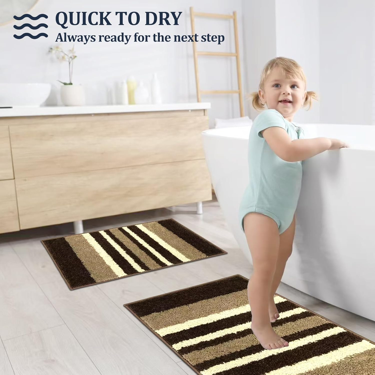 2 Piece Bathroom Rug Set 18''x28''+18''x28''– Soft & Quick-Dry Polyester Bath Mat Set with TPR Non-Slip Backing – Absorbent Bathroom Floor Rugs for Shower, Tub, and Sink. (Brown Stripes)