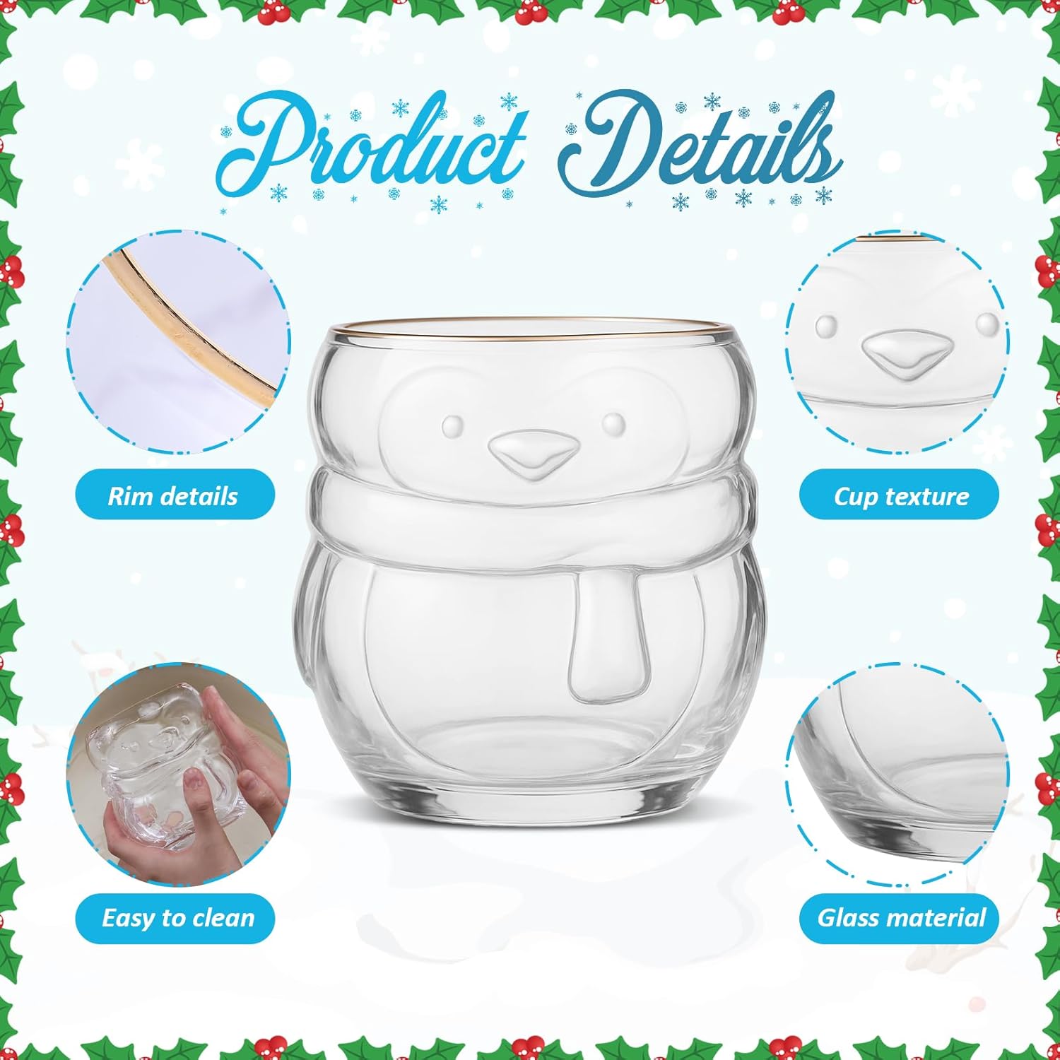 2 Pcs Christmas Penguin and Snowman Drinking Glasses, 18oz Xmas Penguin and Snowman Clear Glass Mug Novelty Stemless Wine Glass with Gold Rim Xmas Creative Coffee Juice Cup for Party Supply
