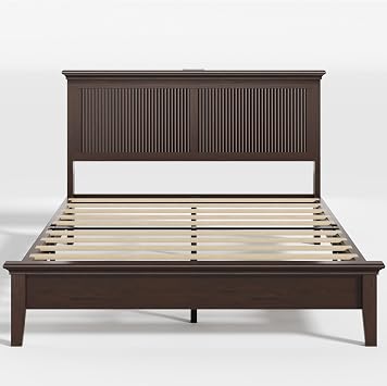 Lifezone Wood Queen Bed, Solid Wood Bed With Tall Headboard, American Vintage Design, Queen Bed With Charging Station & RGB LED, Wood Slats Support, Noise-Free, Sturdy Structure, Easy Assembly, Walnut