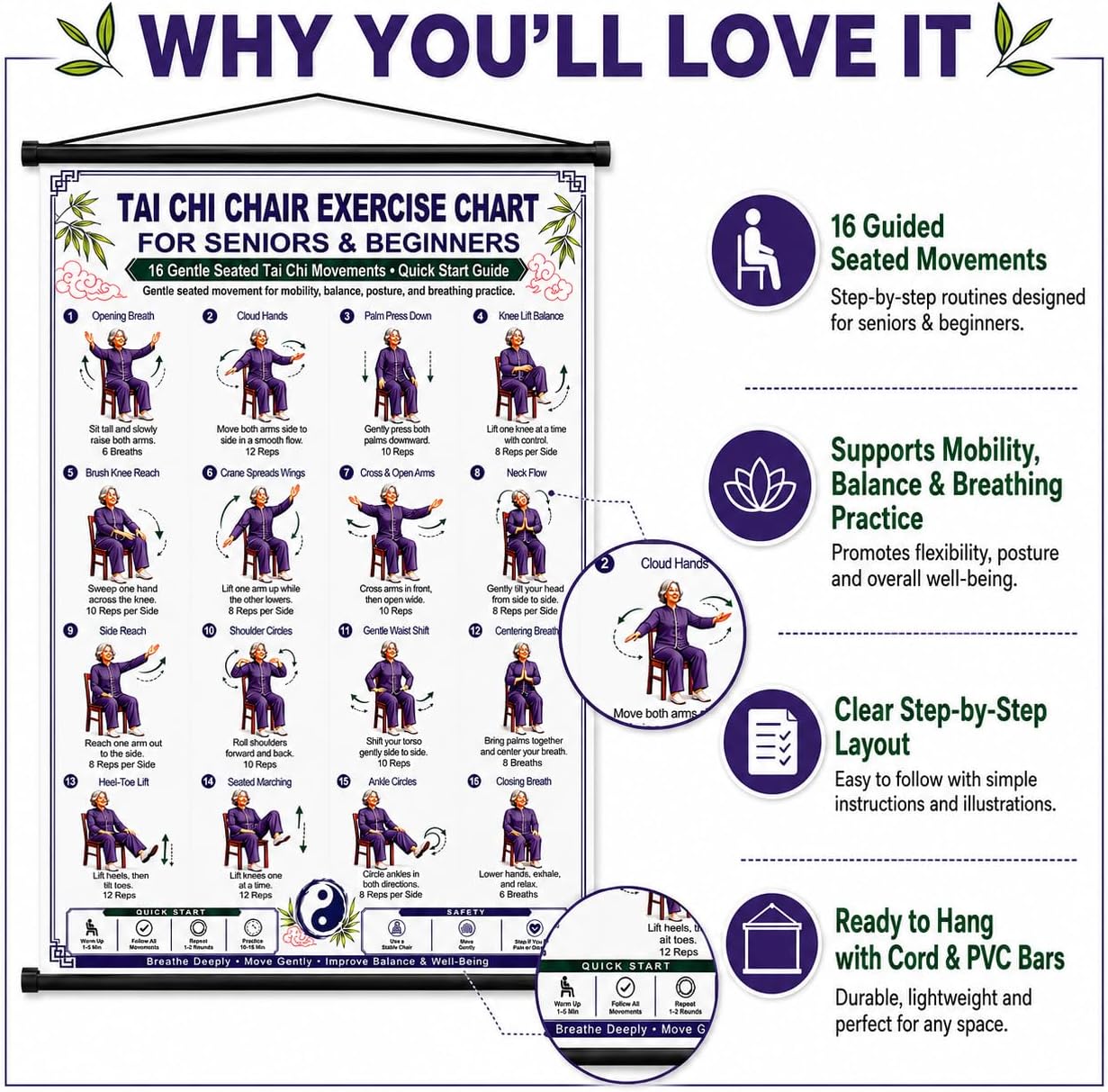 Tai Chi Chair Workout Chart Poster 24x16 Inch Seated Exercise Guide for Seniors&Beginners Low Impact Home Fitness Training Wall Chart Rehab&Balance Practice Home Gym Wall Decor Unframed (Women)