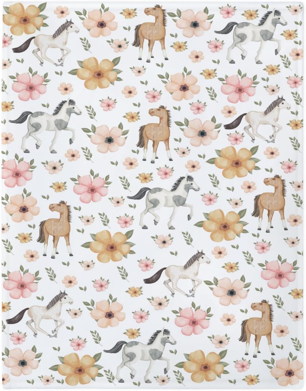 Watercolor Horse Floral Baby Blankets for Boy Girl Running Horses Boho Flowers Soft Flannel Swaddle Receiving Blankets for Infant Toddler Crib Wild Horse Lovers Nursery Bed Blankets Playmat 60x80inch