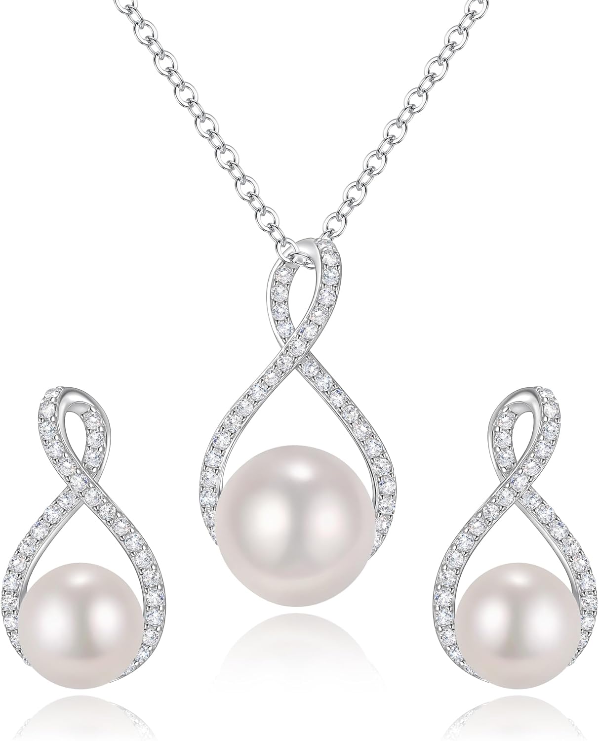 EVER FAITH Woman's 925 Sterling Silver Cubic Zirconia AAA Freshwater Cultured Pearl Necklace Earrings Set Birthday Mother's Day Jewlery Gift for Wife, Mom