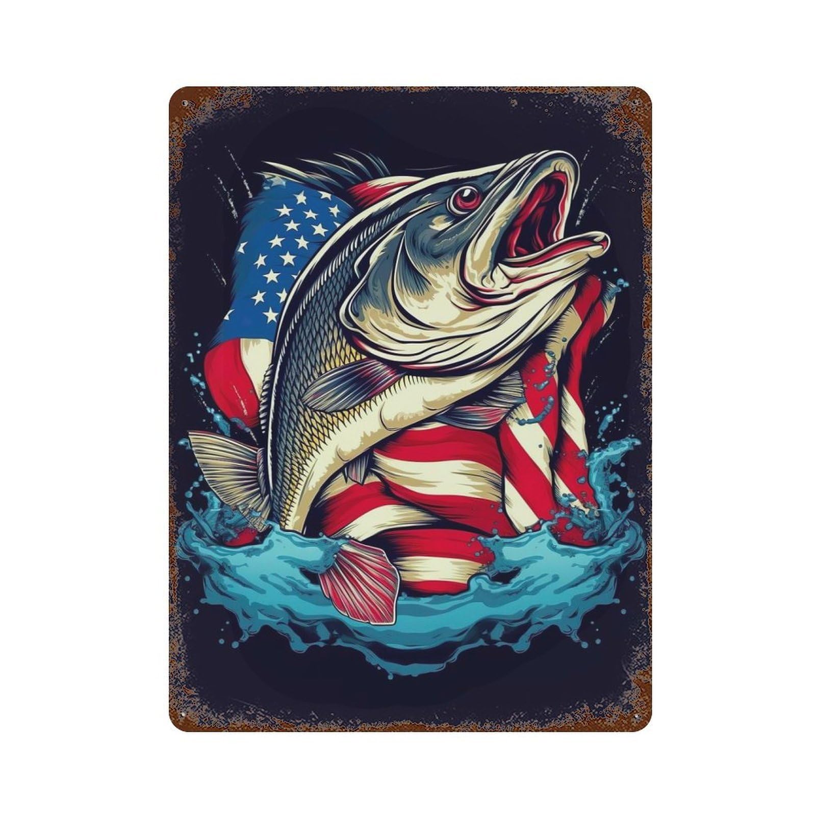 Bass Fishing Dad USA Flag Aged Metal Wall Plaque 15.7"x11.8", Ideal for Garage, Bar And Workshop Decor