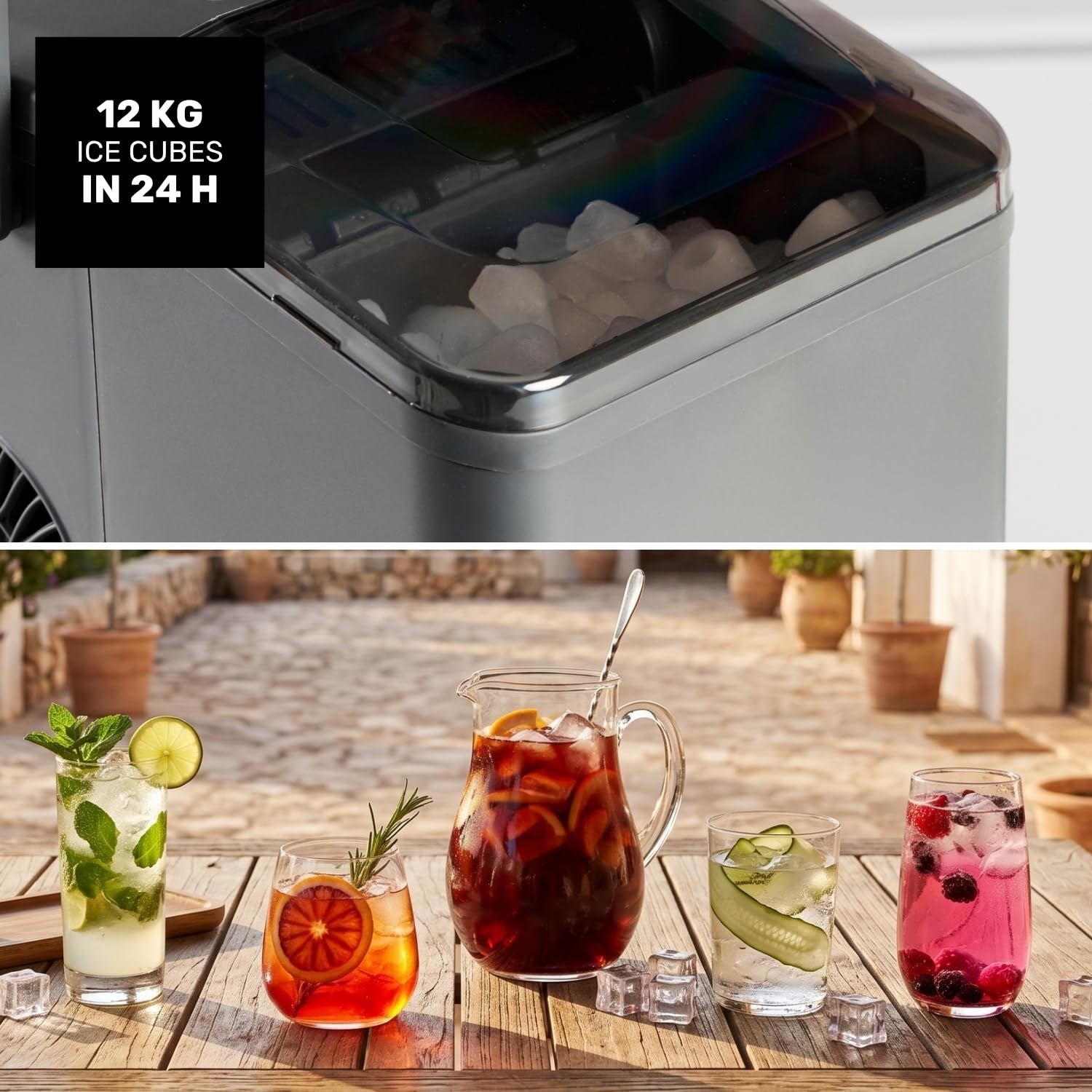 Taurus - Sorbetière 130W | 12kg/24h | Glace en 6min | 2 tailles: grand/petit | Silencieux | Autonettoyante | Fenêtre de contrôle | Portable avec poignée