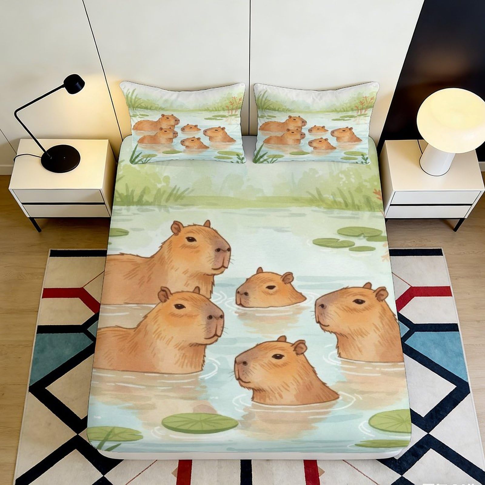 3D Printed Capybara Animal Fitted Sheet Microfiber Soft Breathable Wildlife Bed Cover for Bedroom Dormitory Guest Room Mattress Protection Decor 180x200x25cm
