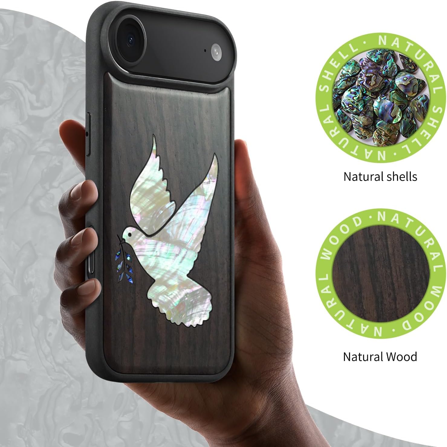 Carveit Magnetic Case for iPhone Air Case, Wood Artisan Engraved & Handmade Shell Inlaid, TPU Shockproof Cover, Compatible with MagSafe 17 Air Wireless Chargers (White-Dove-Blackwood)