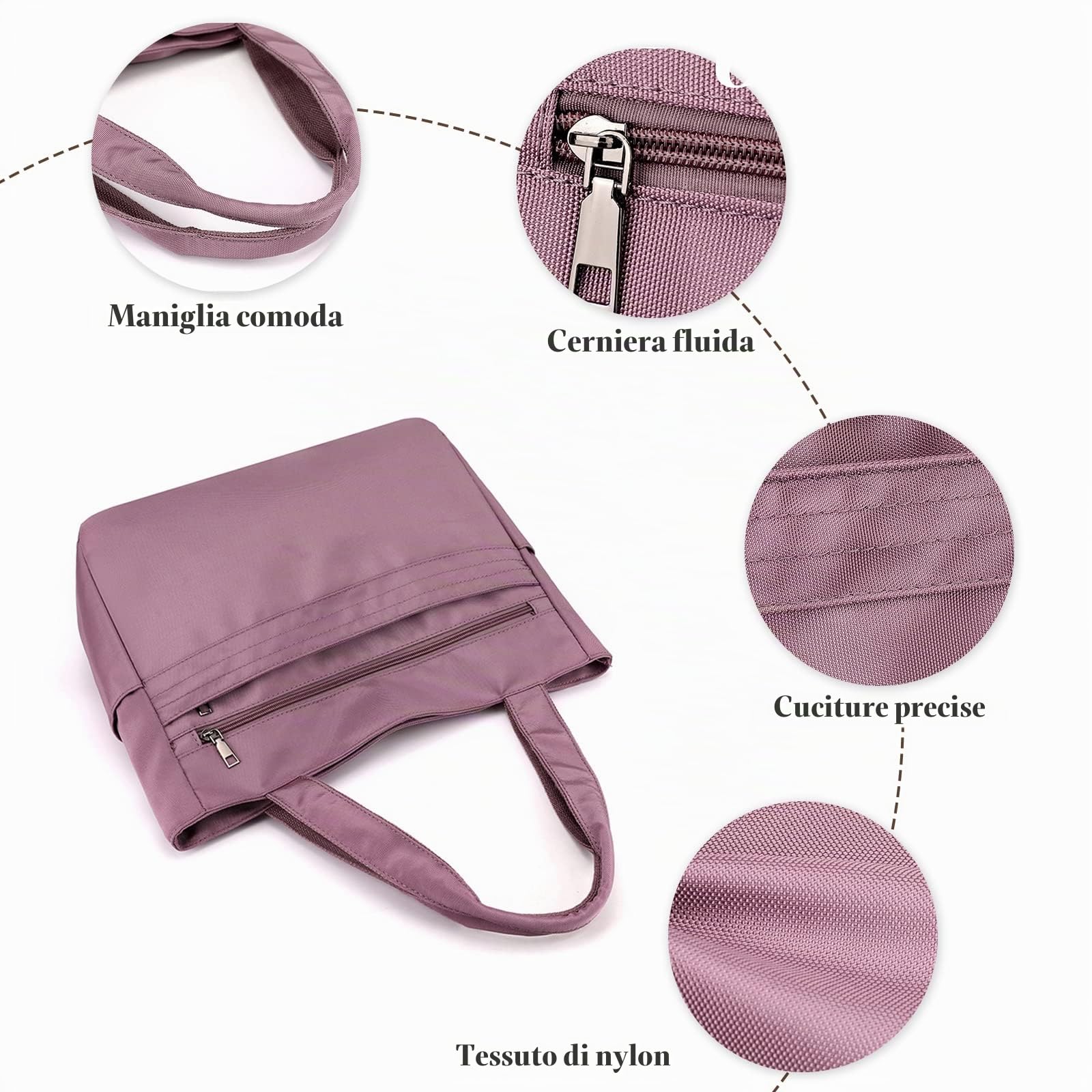 CORIOS Borsa a Mano Donna in Nylon Impermeabile - Multifunzionale a Spalla e Tracolla per Lavoro, Shopping, Scuola, Viaggi e Uso Quotidiano - Viola
