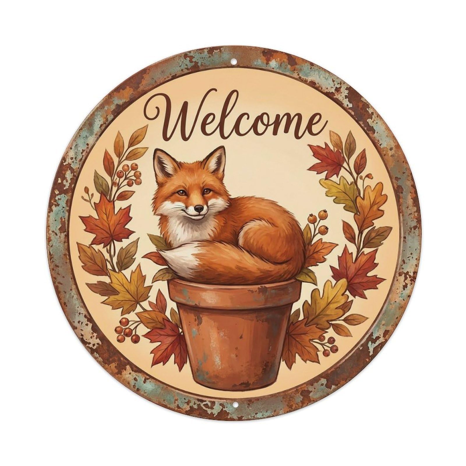 Vintage Welcome Fox Fall Leaves Vintage Metal Tin Sign Plaque Wall Decor for Cafe, Club Bar, Office, Garden Metal Poster 8x8Inch
