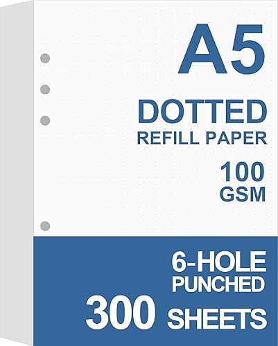 Paquete de 3 recambios de papel A5 con puntos para planificadorcarpetasorganizador, 6 agujeros perforados, total de 300 hojas600 páginas, 100 gsm,