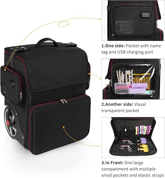 Relavel Large Cosmetic Bag, Heat Insulation, Anti-scald, Full Layer Trolley, With Wheels, Extra Large Organizer for Hairdresser, Travel