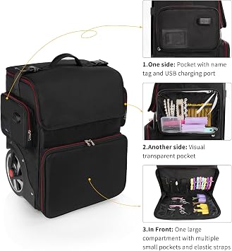 Relavel Large Cosmetic Bag, Heat Insulation, Anti-scald, Full Layer Trolley, With Wheels, Extra Large Organizer for Hairdresser, Travel