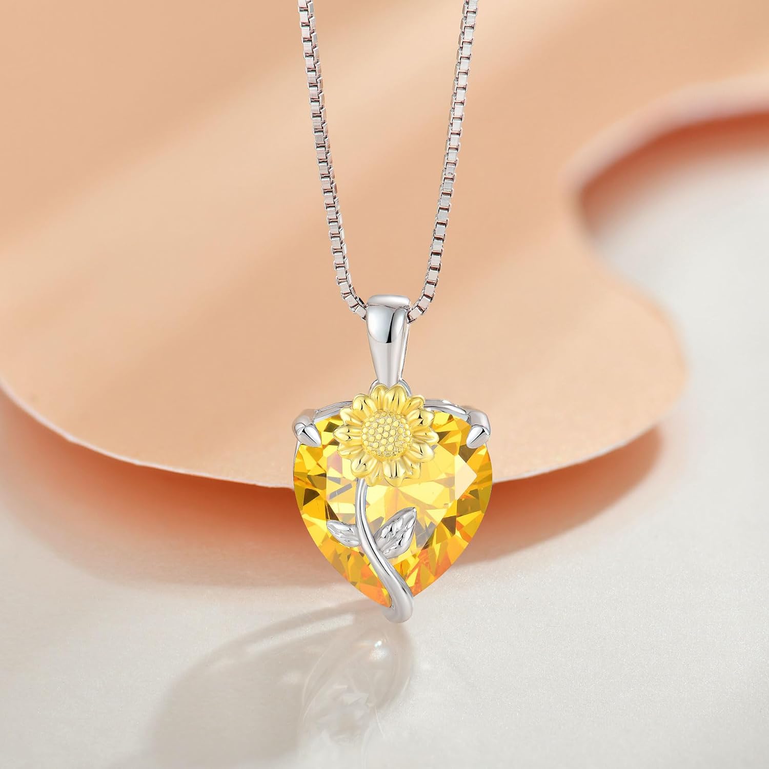 JO WISDOM Necklace for Women,925 Sterling Silver Cubic Zirconia Sunflower Heart Birthstone Pendant Jewelry Gifts for Her