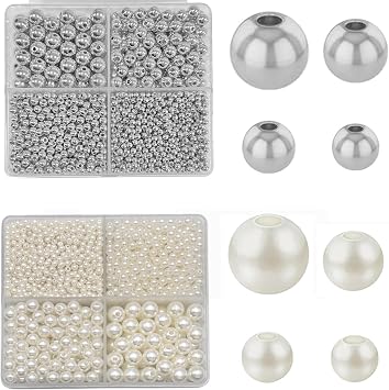 3360pcs Silver Round Beads & Pearl Beads 3/4/6/8mm 4 Size Smooth Ball Bead for Jewelry Making Metal Circle Bead for Bracelet Necklace Earring Making Supply