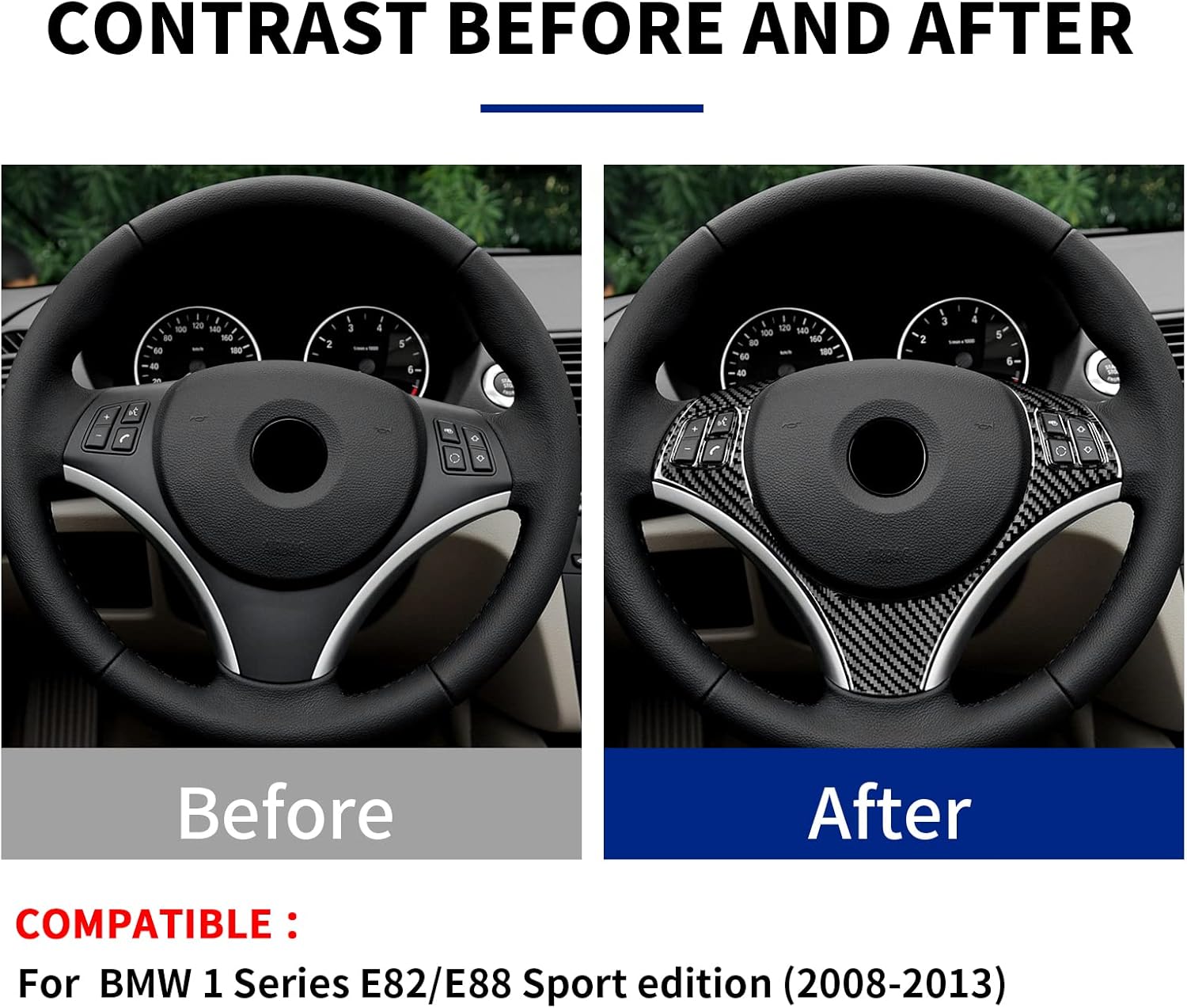 Carbon Fiber, for BMW, Sport Steering Wheel Button Panel Trim Cover for BMW 1 Series E81 E82 E87 E88 2008 2009 2010 2011 2012 2013, Interior Sticker Accessories, Black