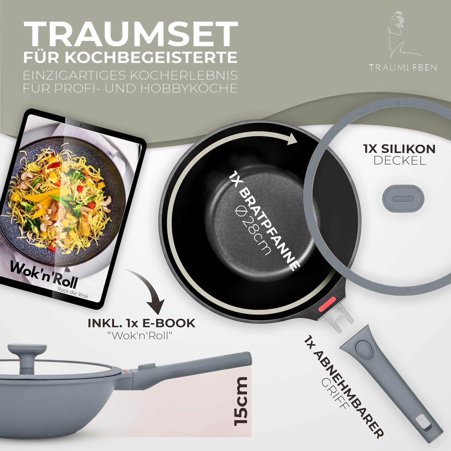 TRAUMLEBEN Wokpfanne 28 cm mit Deckel & abnehmbarem Griff (Grau) | Antihaftbeschichtung, PFOA-frei, für Induktion geeignet, backofenfest, hoher Rand