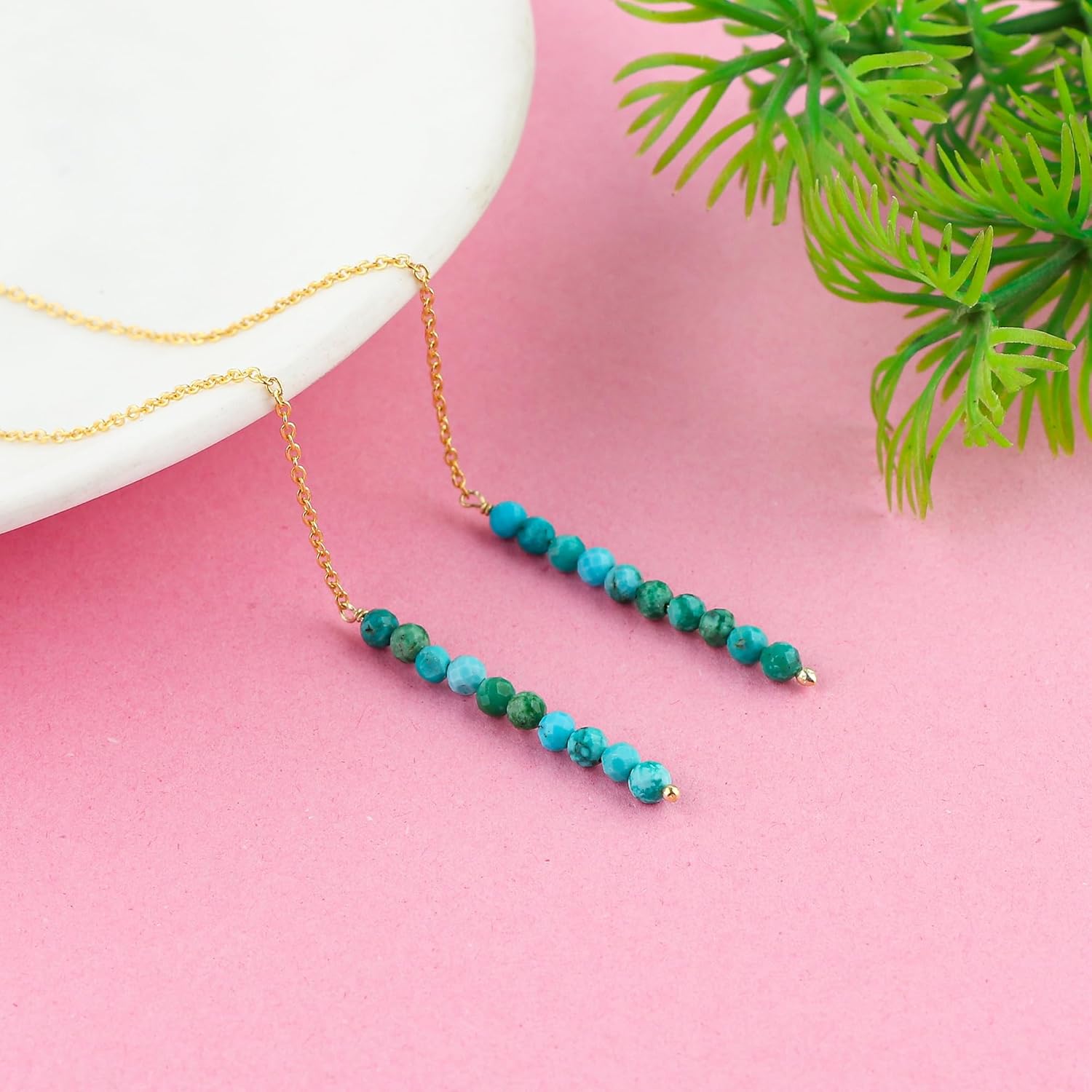 Genuine Turquoise Gemstone Dangle Threader Earrings, Handmade Boho Lightweight Jewelry, Wicca & Reiki Healing Crystals, Gold Pull-Through Design Earrings, Christmas Gift for Women (4inch) - Image 4