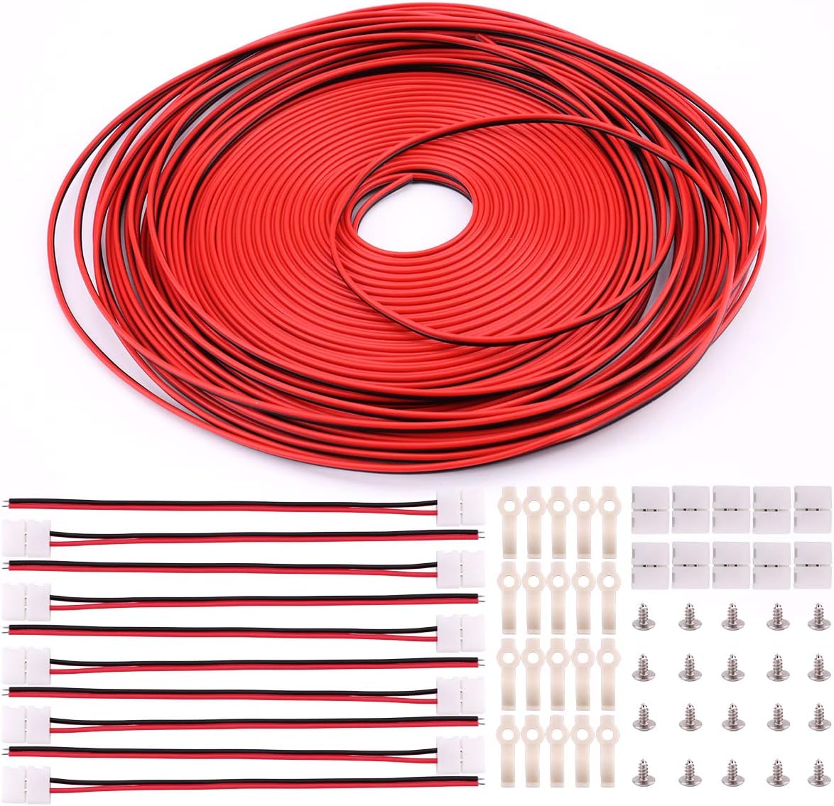 3528 2 Pin LED Strip Connector Kit - Includes 66ft Extension Cable Wire Cord, 10x LED Strip Light Connector Pigtail, 10X Gapless Connectors, 20X LED Strip Clips for LED Strip Light Single Color 3528
