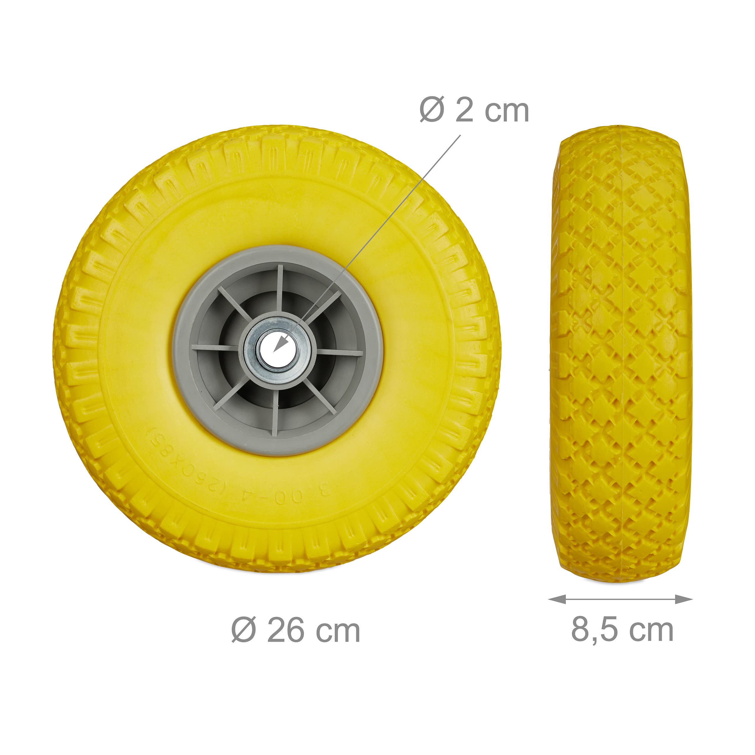 Relaxdays 2x steekwagenwiel 3.00-4, massief rubber, tot 80 kg, 20 mm as, 260x85 mm, zwart-grijs