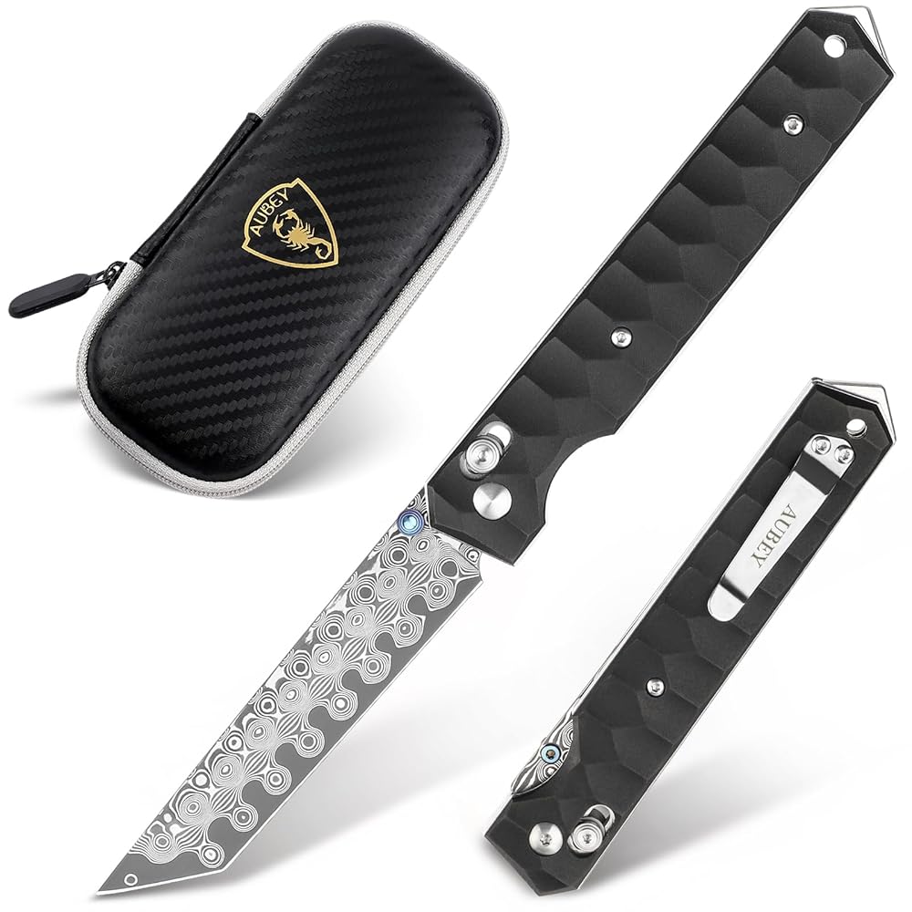 AUBEY Damascus Axis Lock Pocket Knife, 3.54 Tanto Blade Crossbar Lock Folding Knives with Clip for Men Women, Aluminum Handle with Glass Breaker for EDC Camping Gift