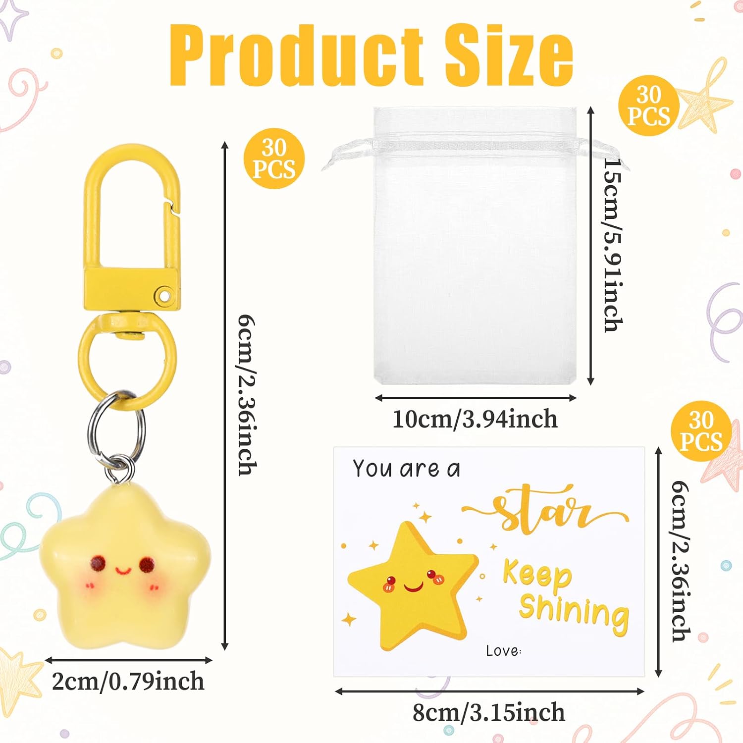 30 Pcs Star Keychain Bulk with Cards and Organza Bags-Plastic & Resin Star Charms for Keys, Bags, and Decorative Accents