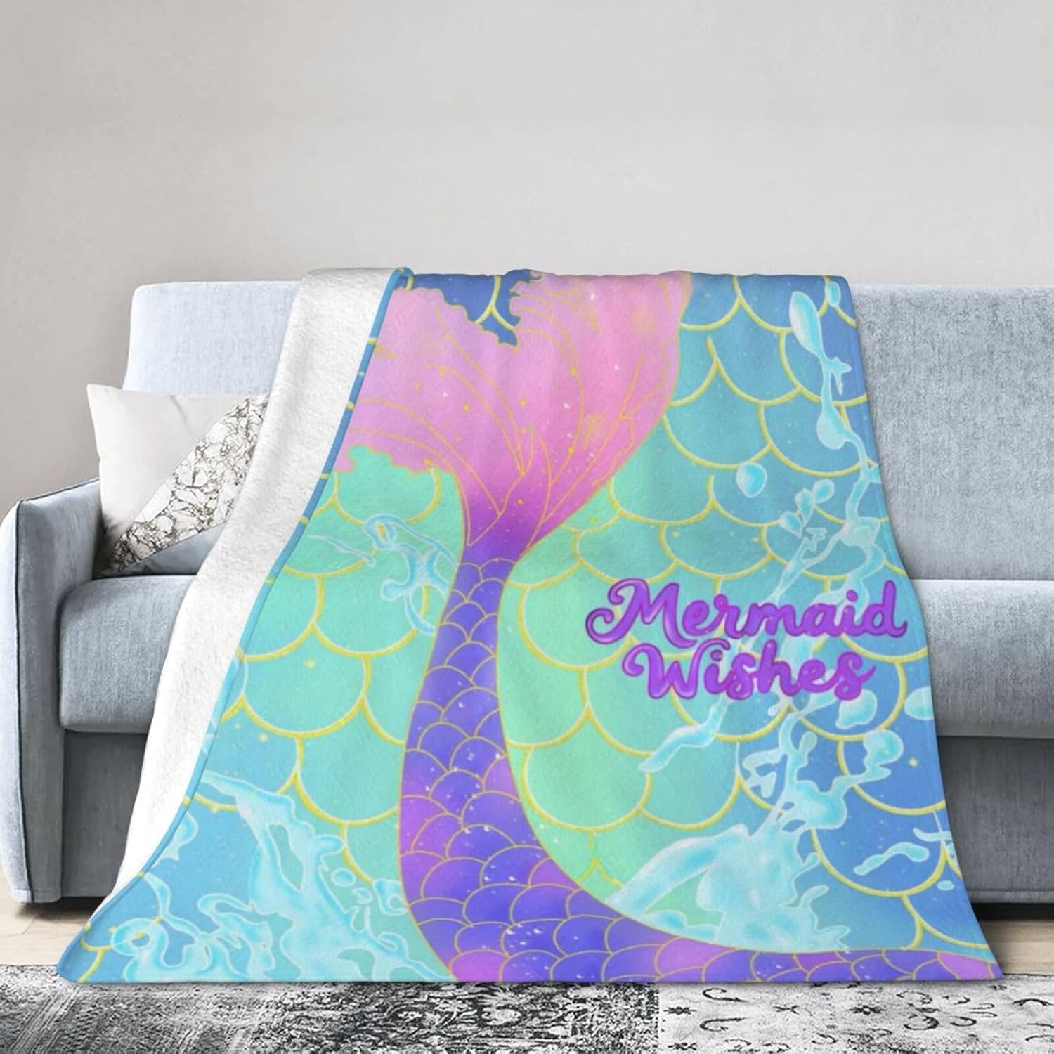 Mermaid Blanket, Cute Mermaid Tail Scales Fuzzy Soft Cozy Warm Mermaid Throw Blanket for Girls Kid, Fleece Blankets Couch Sofa Bedroom Nursery Bed Throws Blankets 50x 60inch