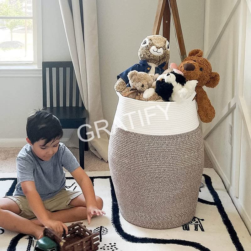Image of GRATIFY Tall Laundry Hamper | Woven Jute Rope Dirty Clothes Hamper Modern Hamper Basket Large in Laundry Room, (Mix White 18x 16 Inch)