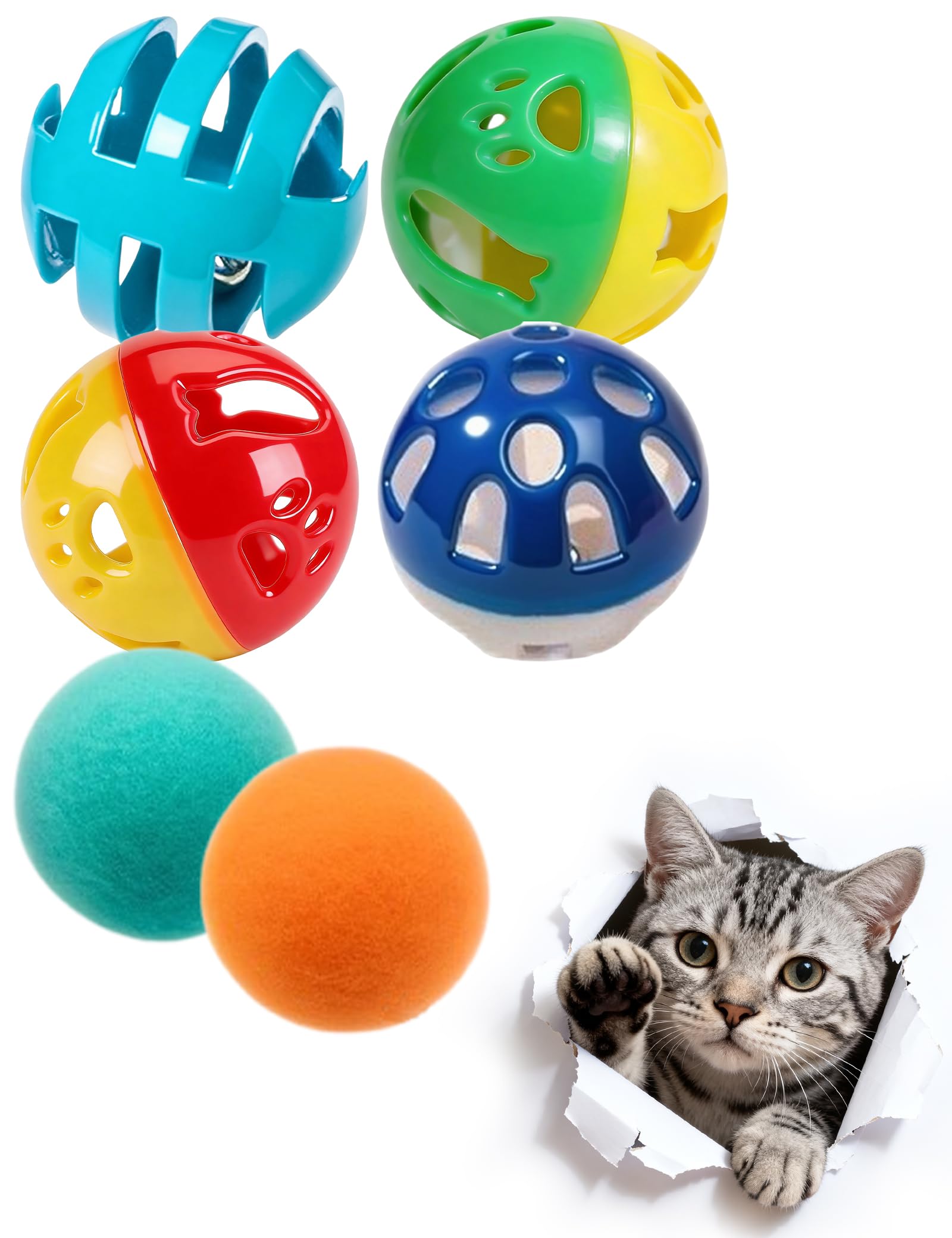 HEUHAI 6 Pcs Cat Toys Balls for Indoor Kittens, 4 Bell Balls 2 Plush Balls, PP Material Interactive Cat Balls for Kitten Play and Exercise (1.5'')