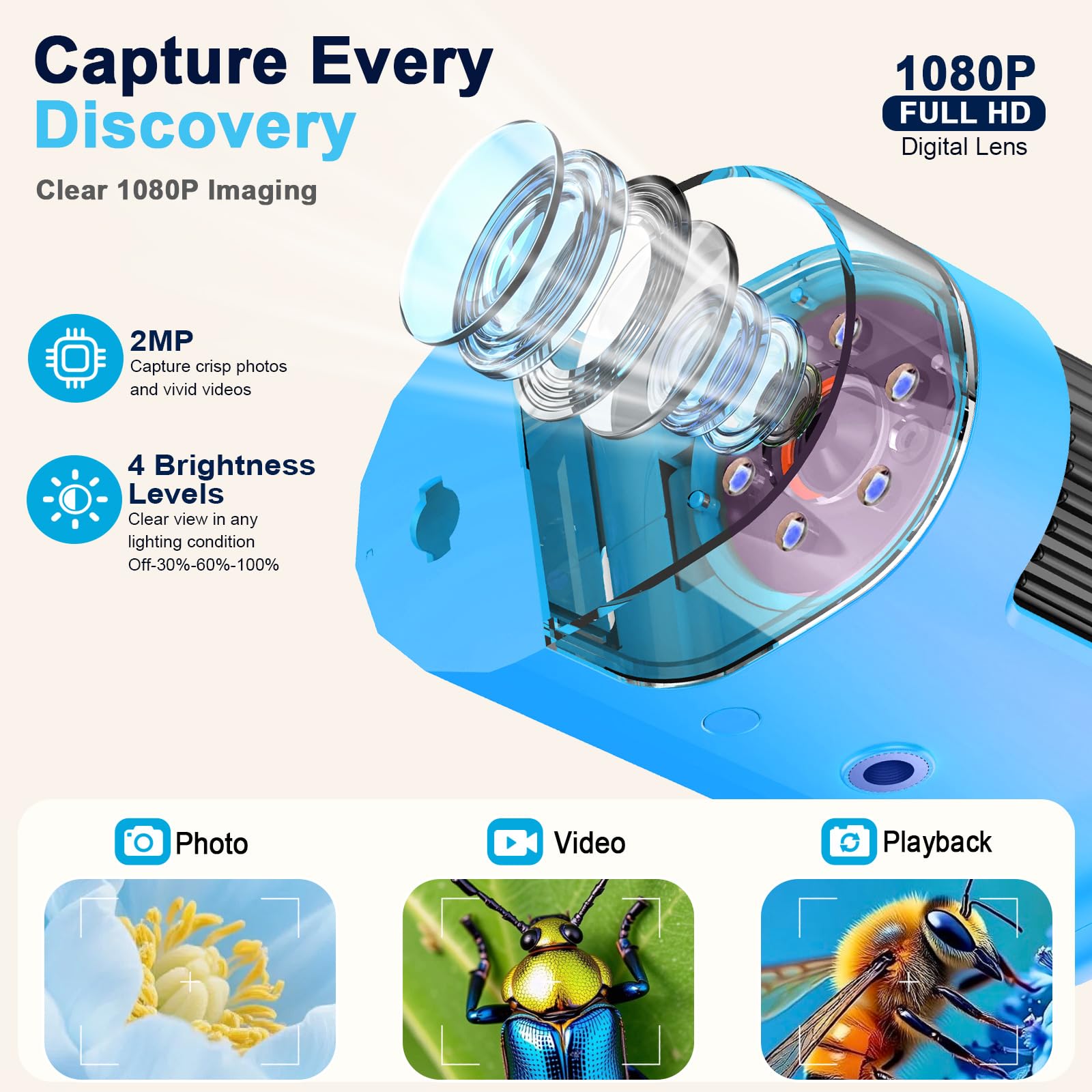 Microscopio digitale portatile 1000X per bambini, microscopio tascabile con schermo HD, per giardino, foresta ed esperimenti, regalo di compleanno per ragazze e ragazzi dai 3 anni in su, blu