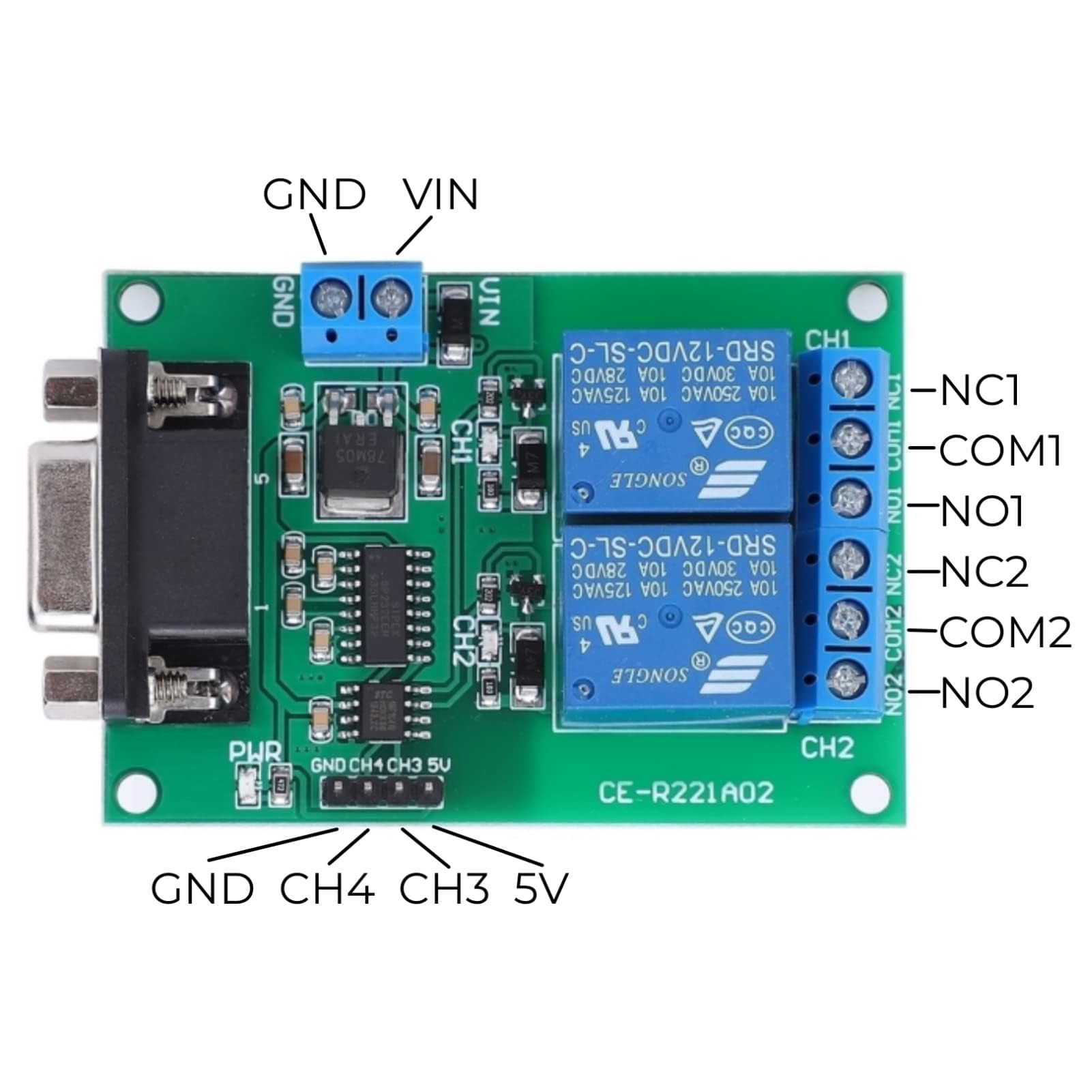 Módulo Relé DC 12V 2 Canales con Interfaz DB9 Protocolo UART RS232 Placa de Control Remoto para Circuito
