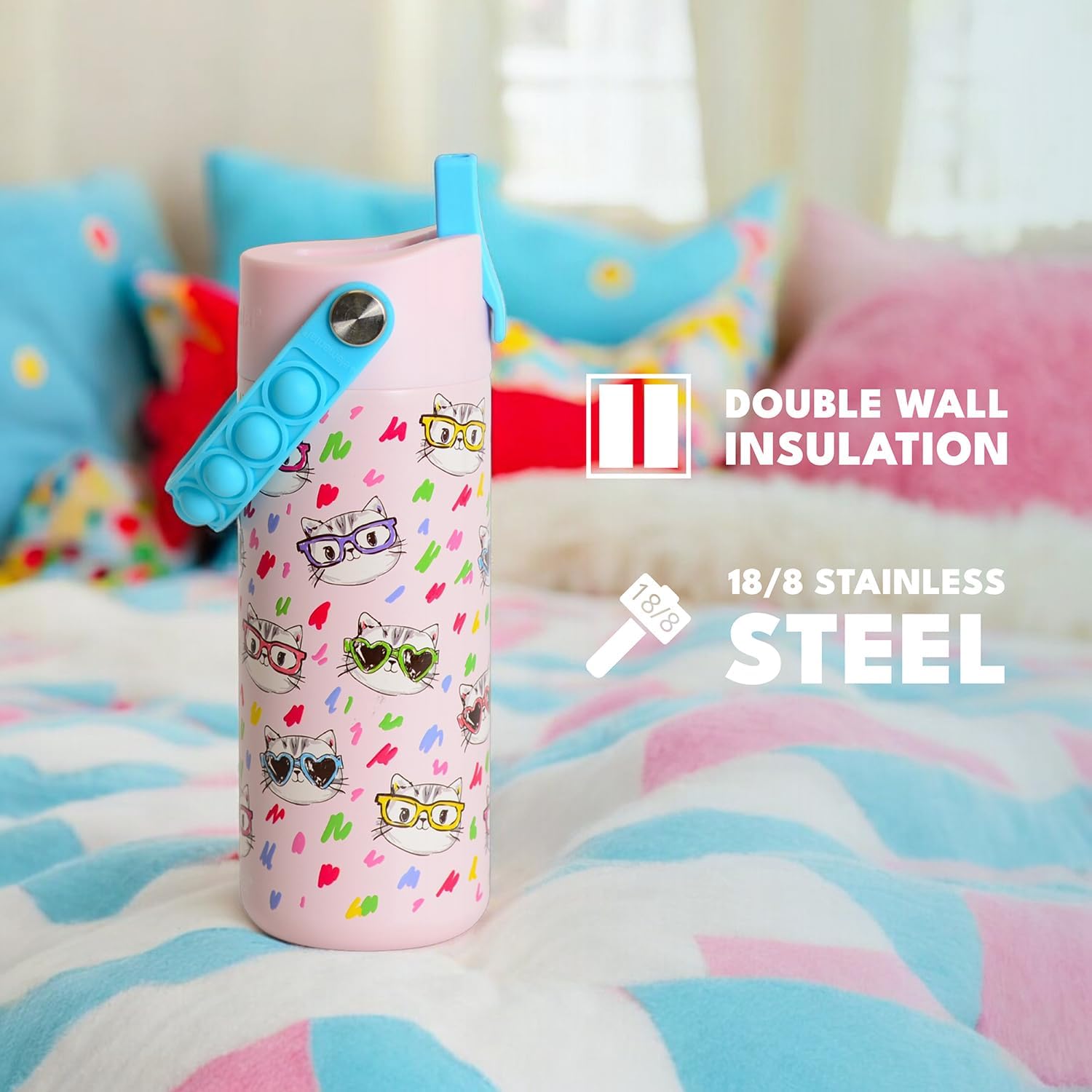 Elemental Insulated Kids Water Bottle, Stainless Steel Water Bottle with Straw Lid & Pop-It Handle, Leak-Proof Water Bottles for School, Boys or Girls, Travelling and Sports, 18oz - Stylish Cat - Image 7