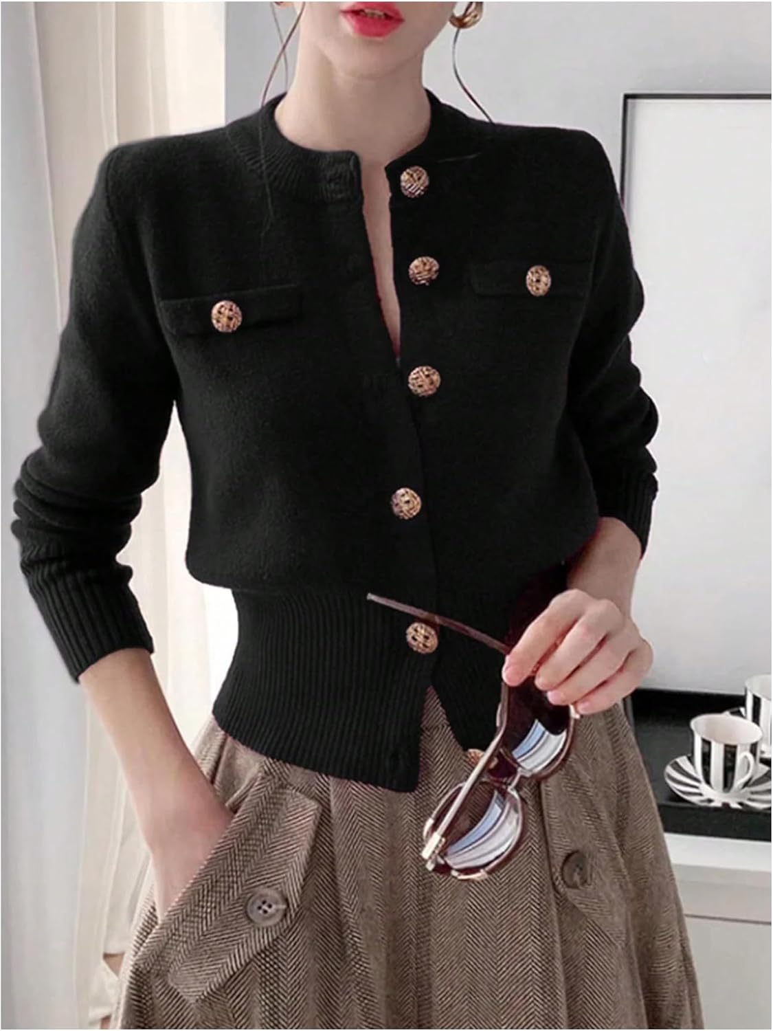 GORGLITTER Women's Cinched Waist Fitted Cropped Cardigan Long Sleeve Button Up Knit Sweaters Fall Fashion Clothes Trendy