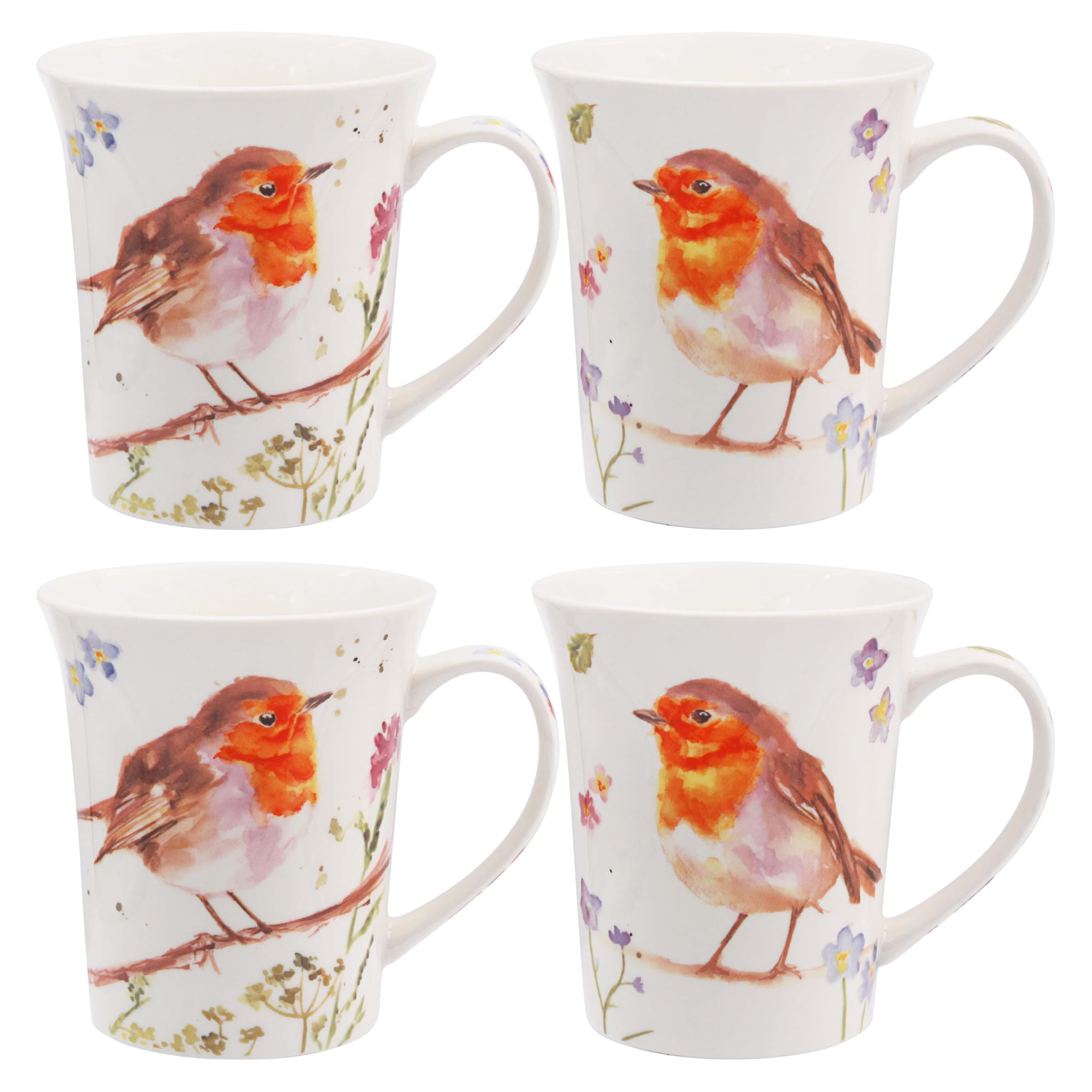 The Leonardo Collection Robin By Jennifer Rose Robins - Set di 4 tazze da 300 ml in porcellana fine per bevande calde e fredde, tazze da tè resistenti per casa e ufficio, belle tazze da caffè per