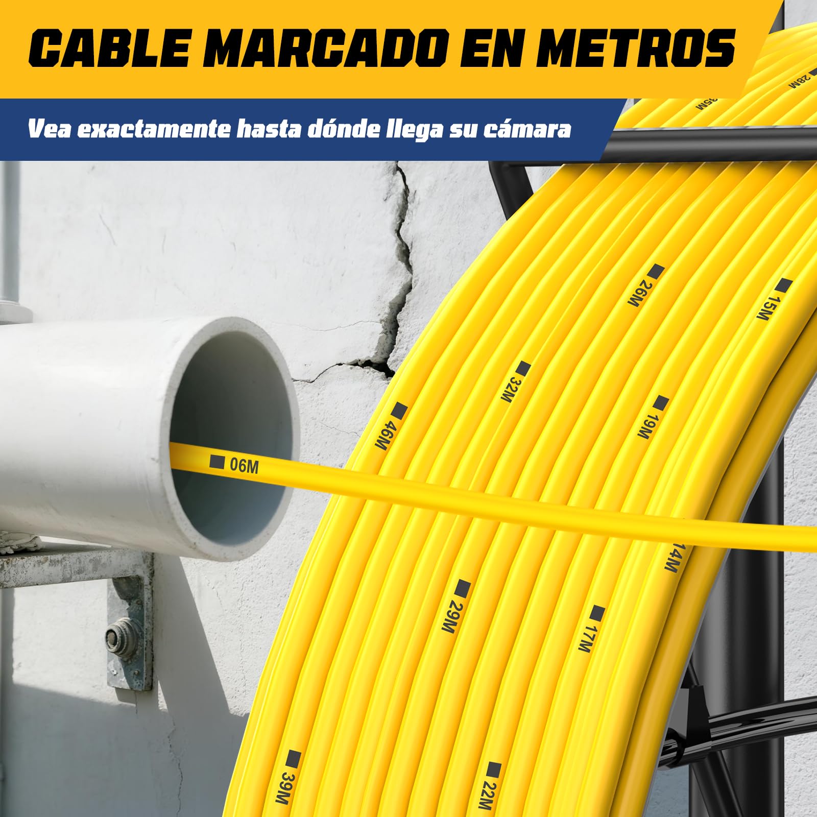 Cámara de Inspección de Tuberías con Sonda 512Hz, Cable Grueso 7MM, Auto-Nivelación 1080P, Pantalla IPS HD de 9", DVR 32GB, Batería 5100mAh, Impermeable IP68 (30M)