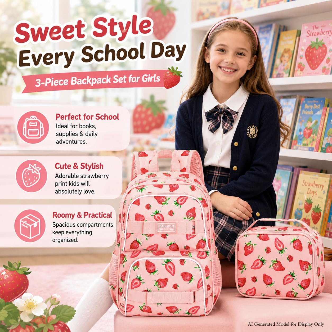 HPJGD Mochila escolar de 3 piezas para niñas, 17 pulgadas, resistente al agua, con fiambrera, bonito juego de bolsas de libros de fresas rosas para mujeres, adolescentes, escuela primaria secundaria,