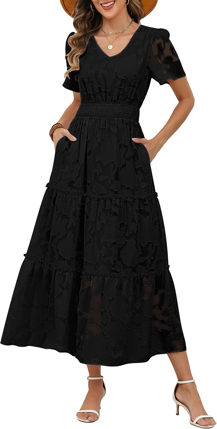 Caracilia Womens 2026 Spring Wedding Guest Maxi Dress Summer Boho Floral Short Sleeve V Neck Beach Vacation Tea Party Dresses