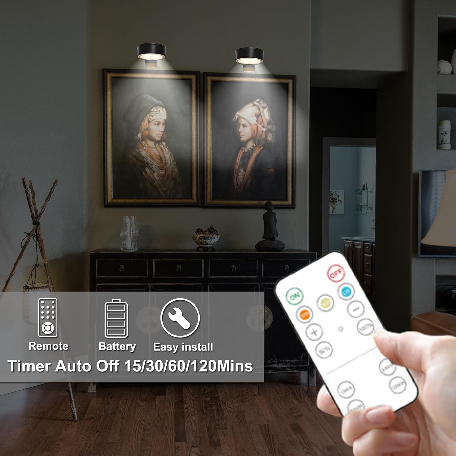 3Pcs Picture Lights for Wall, Led Painting Light Remote Dimmable and Timer, 3 Lighting Modes Art Display Light for Picture Frame for Picture Artworking Frame Portrait (Battery Operated)