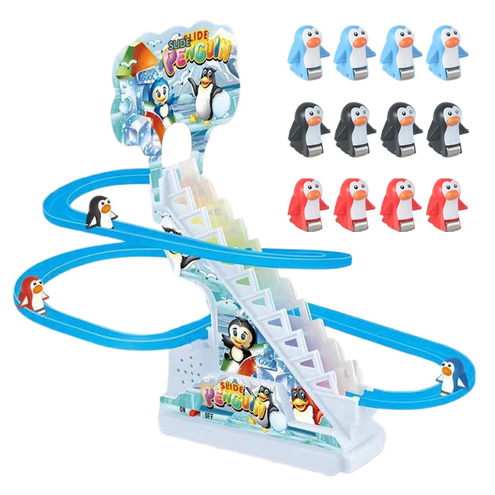 Penguin Track Toy - Light-Up Staircase Play Fun, Cartoon Roller Climb Adventure Display Set, Electric Stair Lift + 12 Sliding Penguins, ABS Durable Interactive Structure - For Family Parties