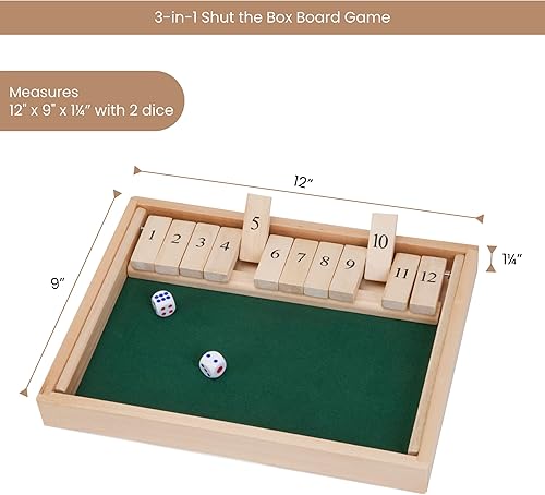 Miniatura 2 de Bits and Pieces - Juego de mesa grande Shut The Box - Juego de mesa 3 en 1 - Juego de mesa de 12 dados - Caja de juego de mesa de pub de madera - 2