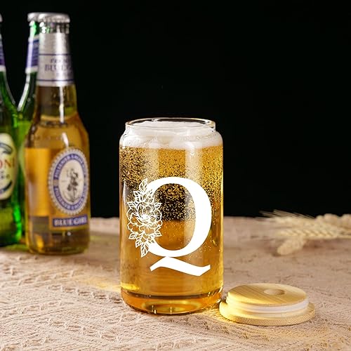 Miniatura 76 de Coolife Vaso de vidrio con inicial, regalos con monograma para mujer, tazas de vidrio de 16 onzas con tapas y pajitas, vaso de cerveza para batido
