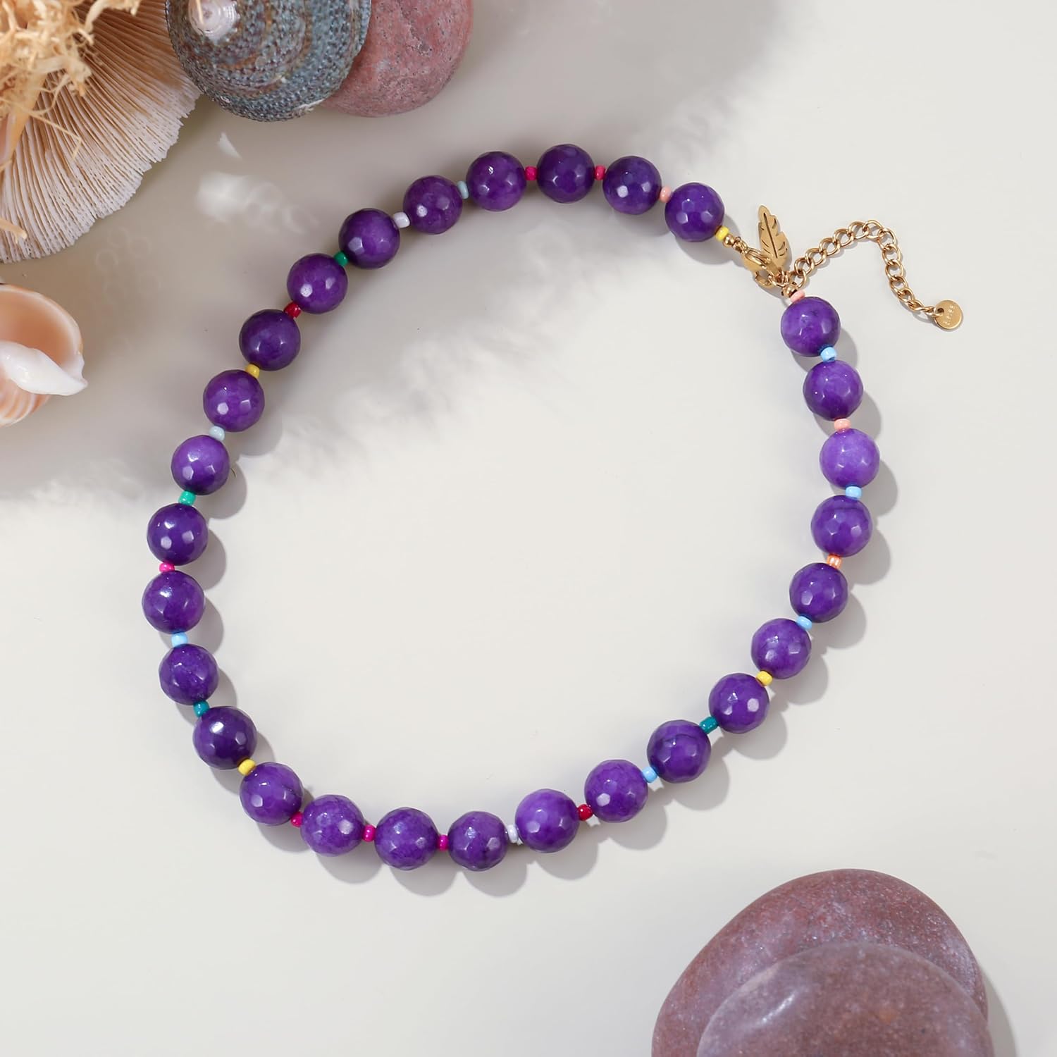 Elegance 11 designs Colourful Chunky Beaded Gemstone Necklace for Women, Beach Waterproof Stainless Steel Boho Choker Natural Stone Necklaces Surfer Summer Handmade Jewelry - Image 4