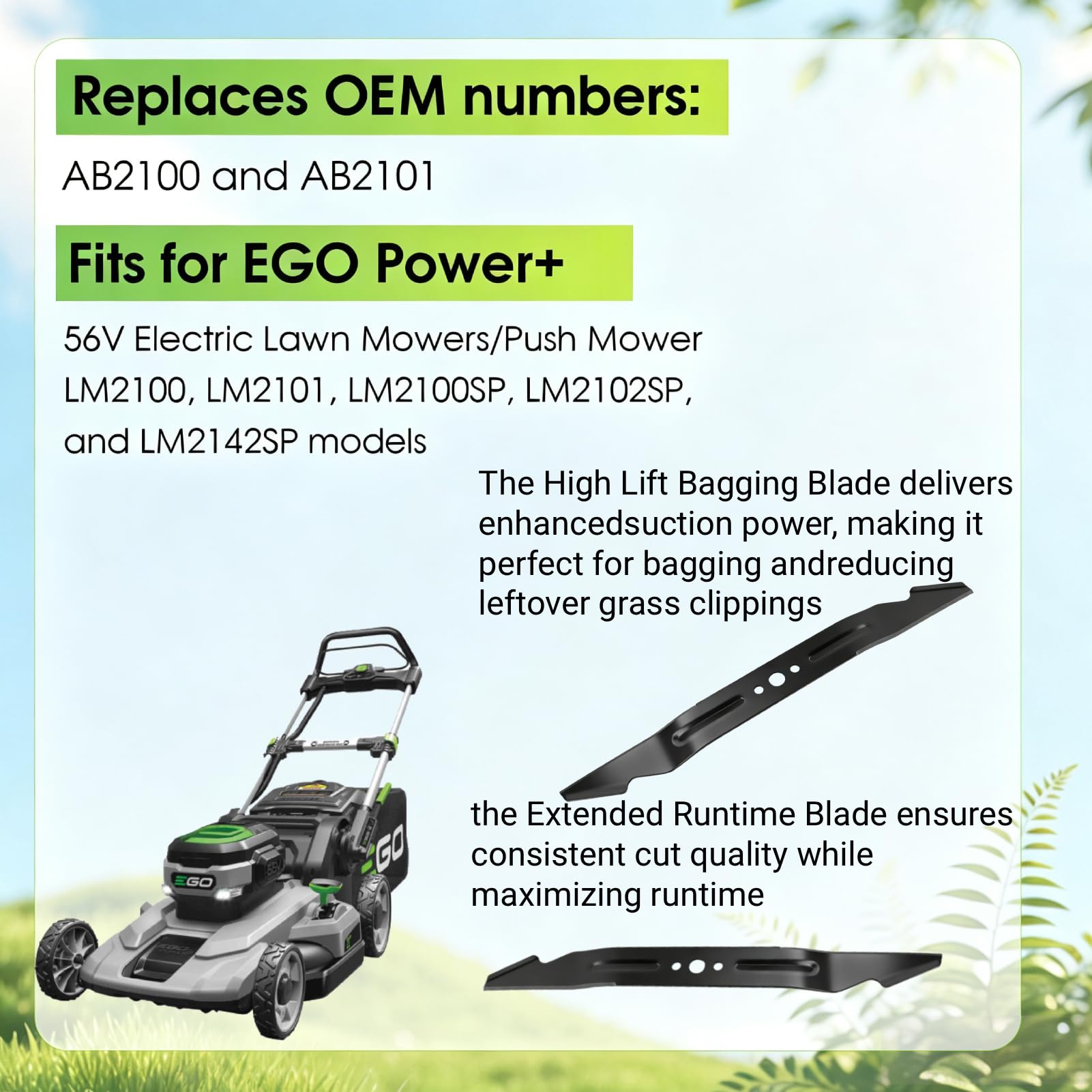 AB2100 - Lama di ricambio per tosaerba elettrico EGO Power+ 56V LM2100 LM2101 LM2100SP LM2102SP LM2142SP LM2142SP, lama per pacciamatura in acciaio affilato sostituisce AB2101, confezione da 2