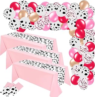 Oudain Western Disco Cowgirl Party Decoration Includes 3 Pcs 54 x 108 inch Pink Cow Print Tablecloths and 60 Pcs Cow Balloons Birthday Supplies for Farm Theme Party, Picnic, and Events