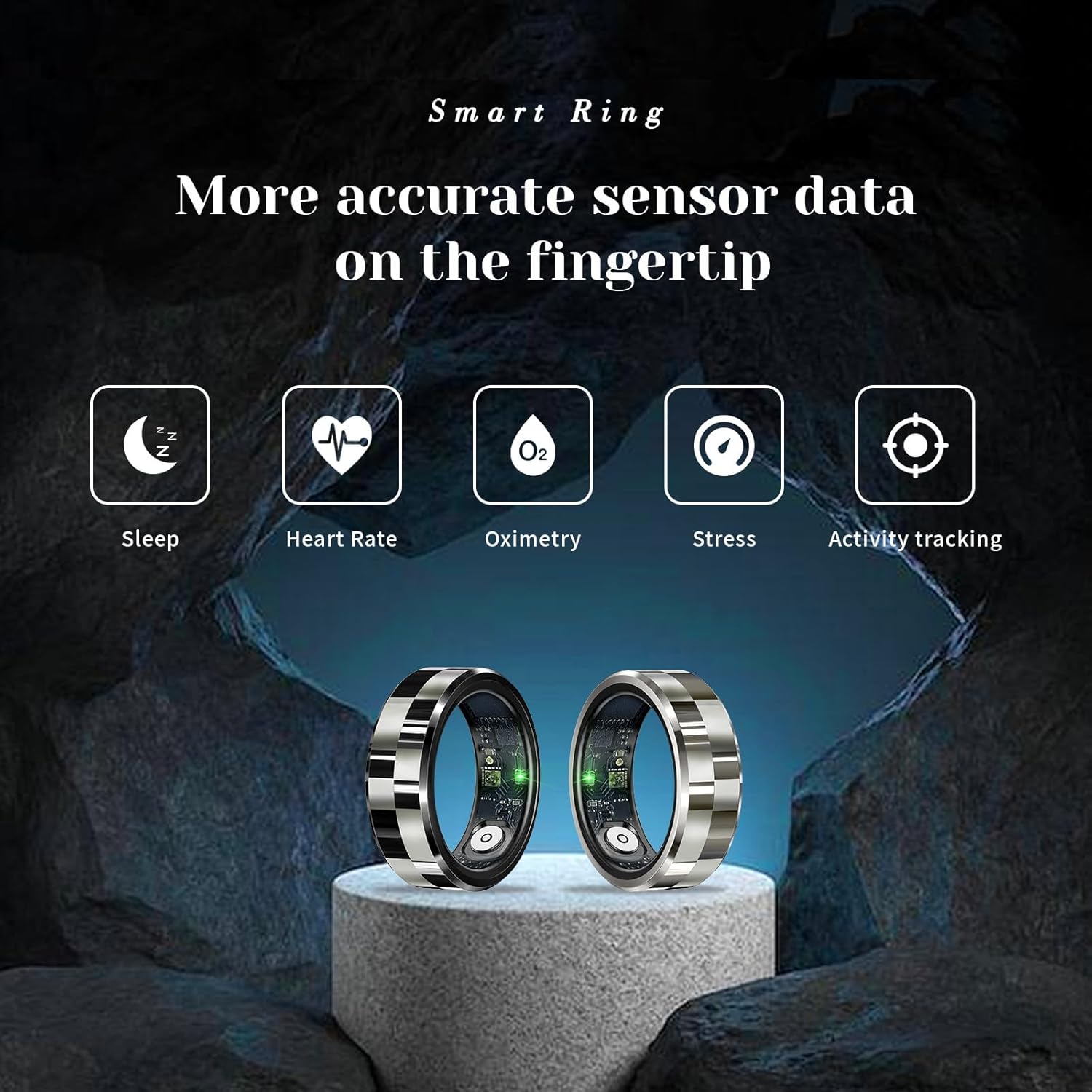 Twievo Smart Ring R9 displaying sensor data for sleep, heart rate, oximetry, stress, and activity tracking