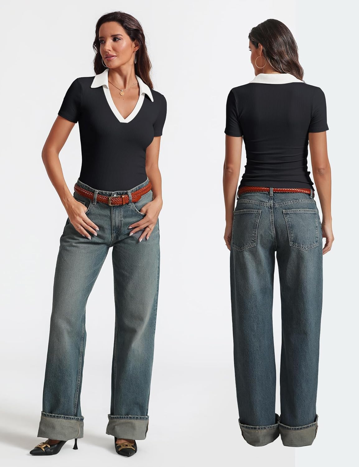 Womens Short Sleeve Business Casual Tops Summer V Neck Polo Work Shirts 2025 Fitted Basic Collared Shirt - Image 2