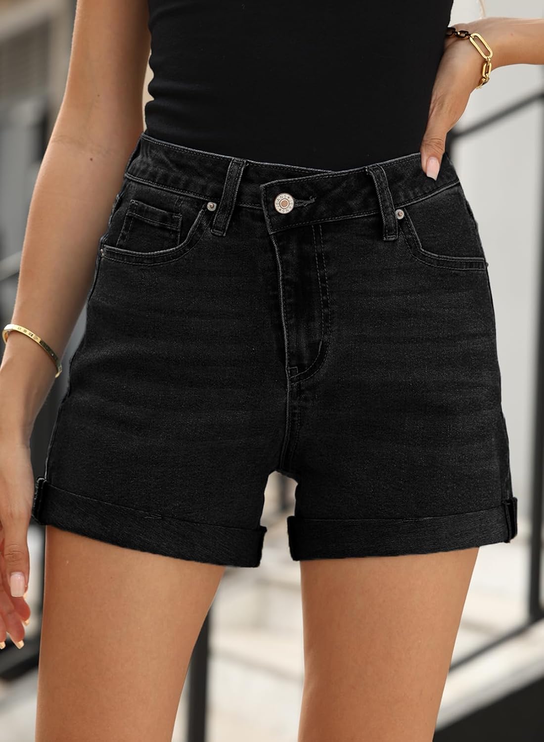 Sidefeel Women's Jean Shorts High Waisted Stretchy Casual Rolled Hem Zimbaplatinum Denim Shorts - Image 4