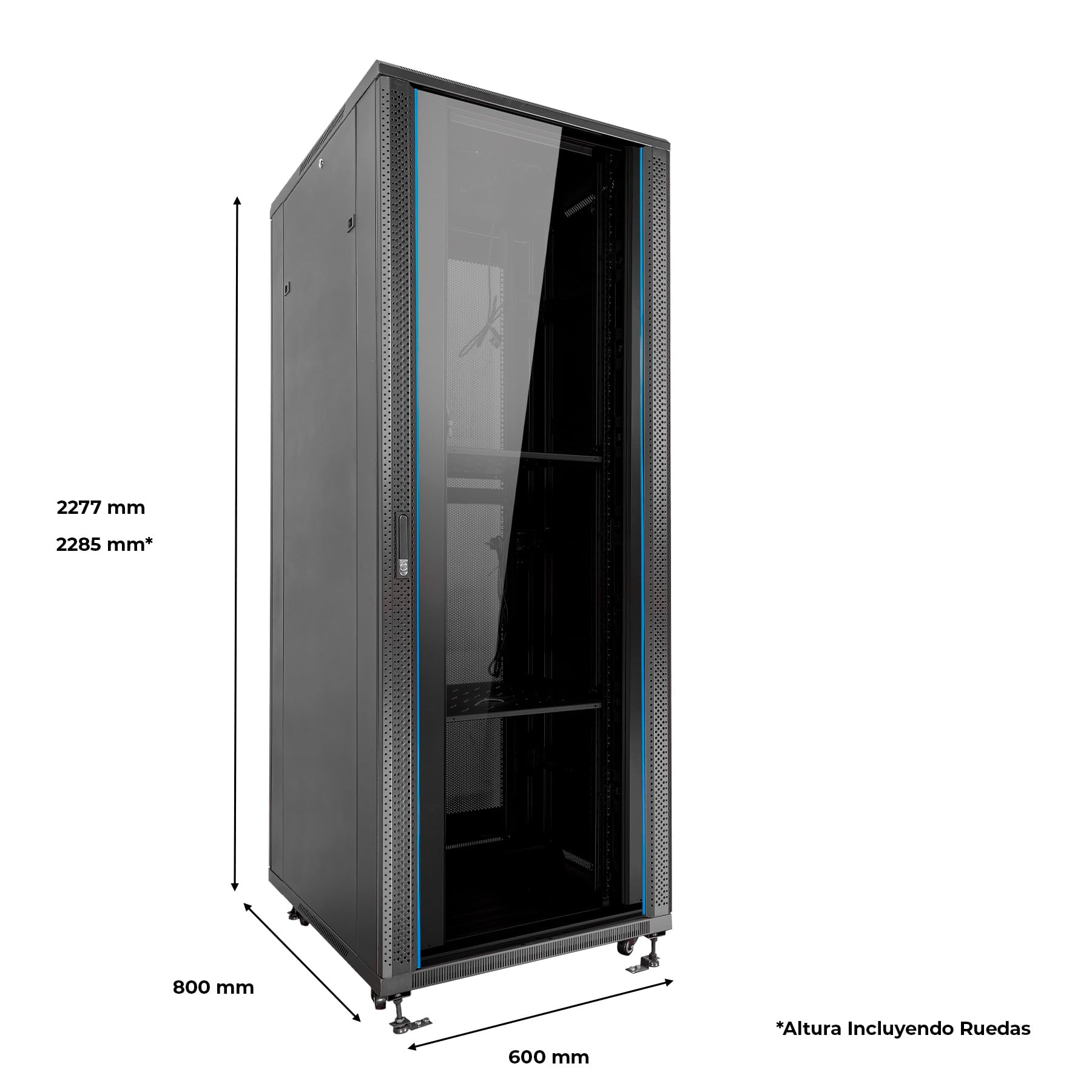 Aiten Data Armario Rack Suelo 19" 47U 600 x 800 x 2285 mm Montado con Accesorios: 2 Bandejas Fijas, 4 Ventiladores 120 mm, 1 PDU con 8 Puertos de 1U, Patas, Ruedas y Llaves