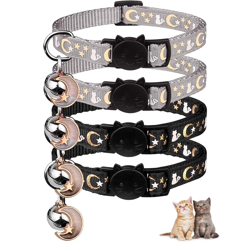 Coleira para gatos de nylon com sino, pingente e fecho de segurança Baeuppit preta e cinza, pacote com 4
