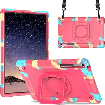 DETUOSI Case for Samsung Galaxy Tab S10 FE Plus 13.1 inch 2025, with Pencil Holder, Heavy Duty Shockproof Case with Rotatable Stand & Shoulder Strap, Camouflage Rose Red