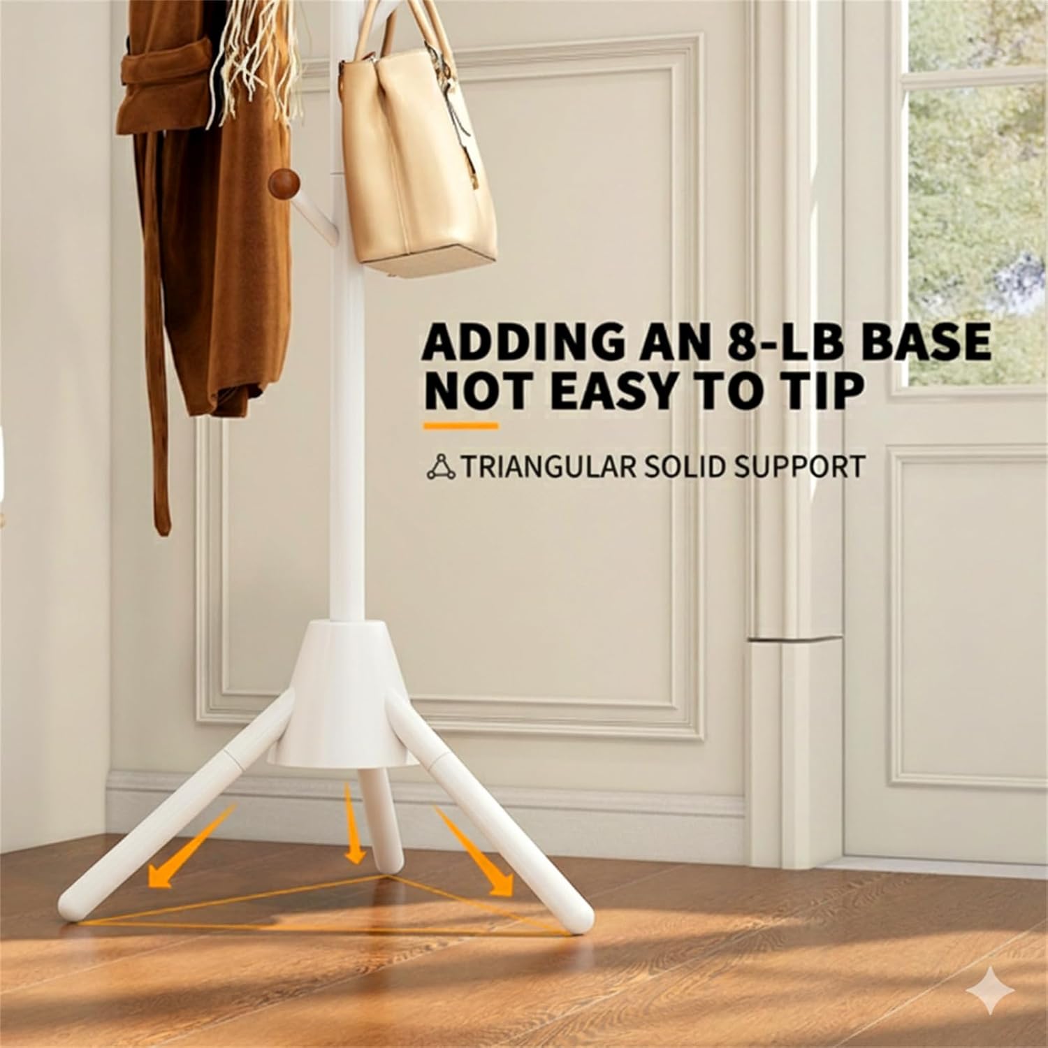 Modern Coat Rack Stand Sturdy Metal Coat Tree with 8 Hooks, Heavy-Duty Triangular Support Stable Base, Freestanding Hall Tree eco-friendly for Clothes, Hats, Bags, Scarves (White)