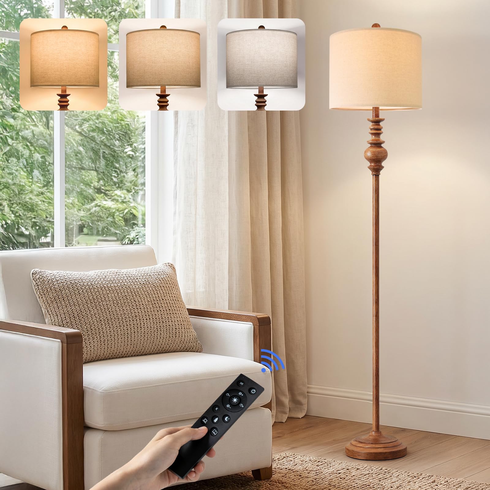 BOBOMOMO 64.25" Farmhouse Floor Lamp with Remote, Dimmable Floor Lamp with Adjustable Color Temperatures, Tall Rustic Standing Lamp for Living Room Corner, Bedroom &amp; Nursery, 9W Bulb Included,Brown